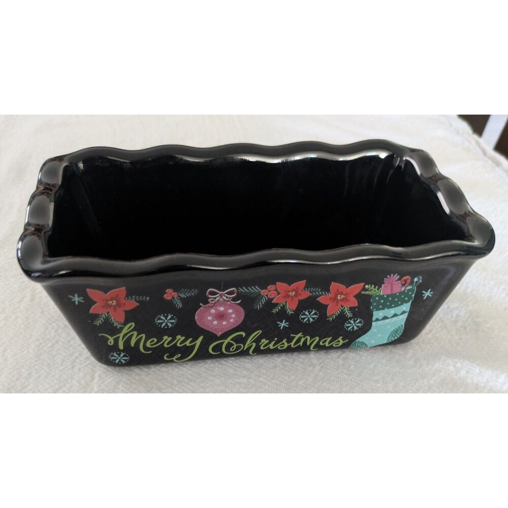 Nantucket Merry Christmas Ceramic Mini Loaf Pan Black Poinsettia Stocking Dish